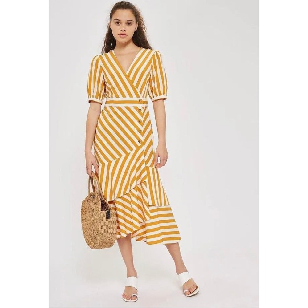Topshop Striped Midi Dress Womens 10 Yellow Excellent Ruffle Asymmetric Wrap